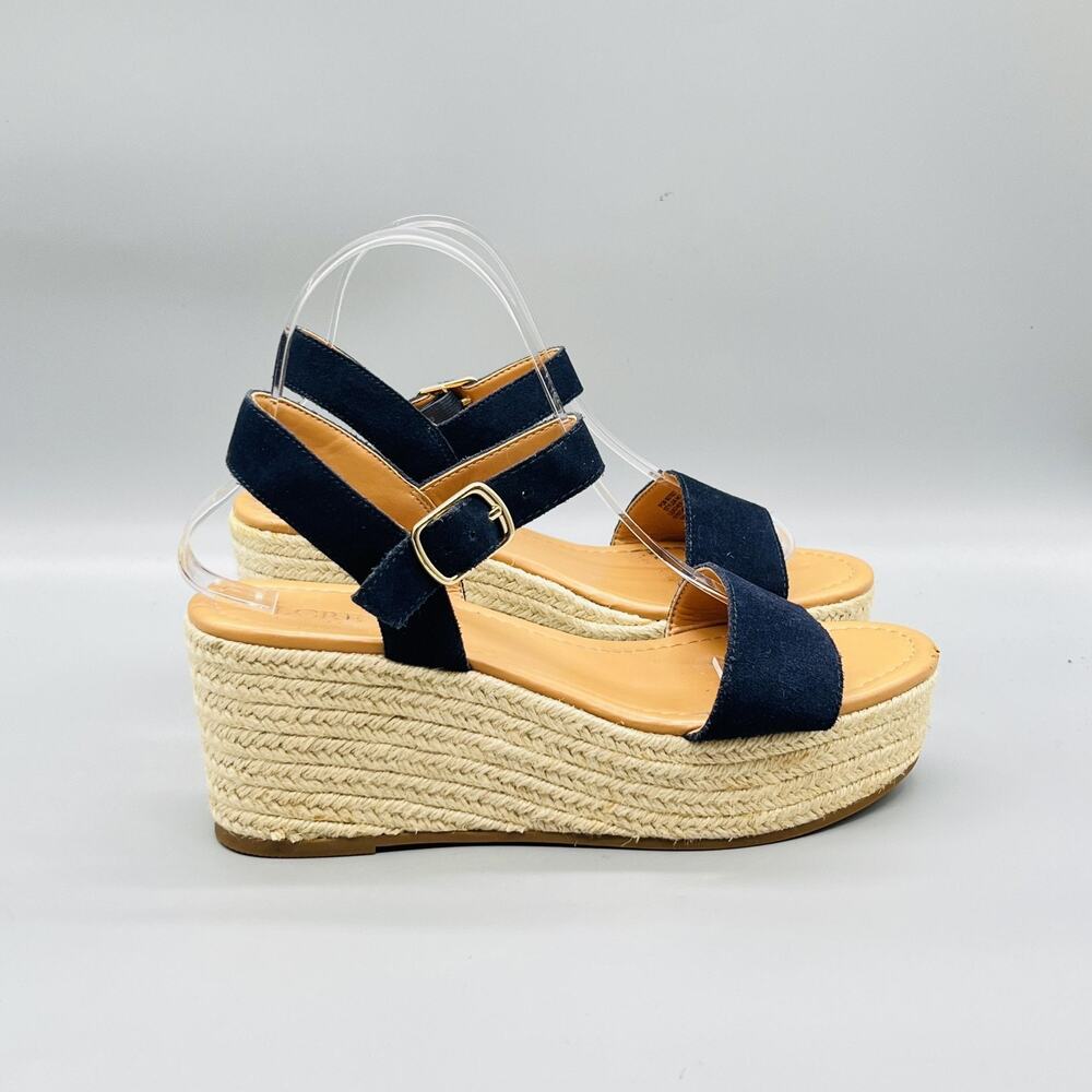 J Crew Sandals Womens 8.5 Blue Suede Espadrille Wedge Ankle Strap Buckle Shoes